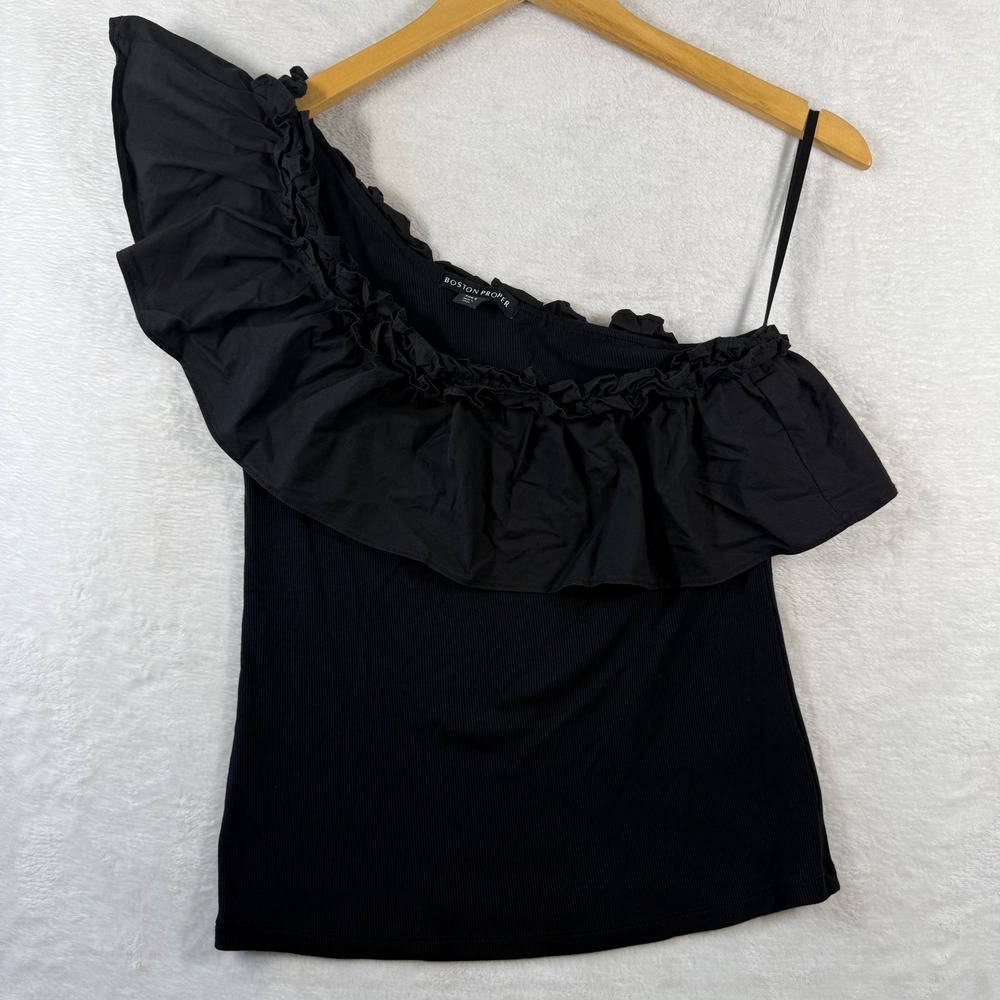 Boston Proper Womens Black One Shoulder Ruffle Ribbed Knit Top 224101035 Size‎ S